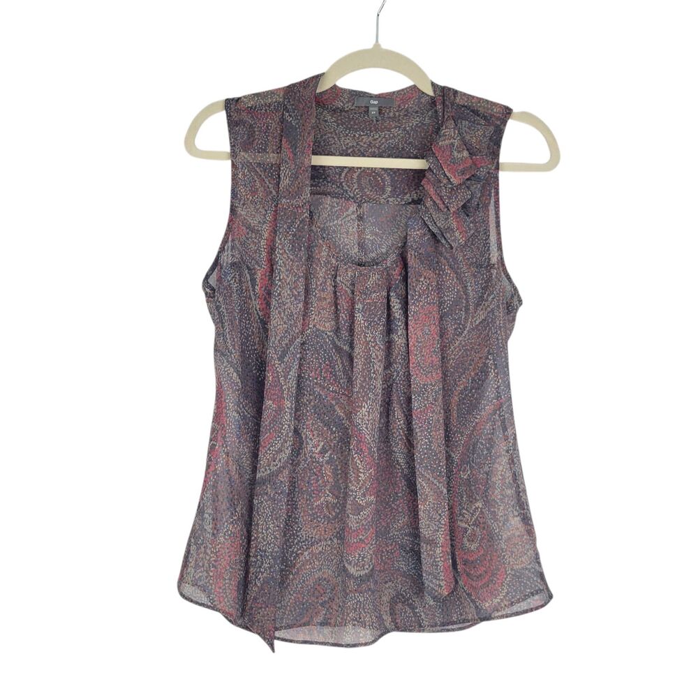 Gap Top Womens size XS Multicolor Paisley Sleeveless Tie Ruffle Sheer Blouse
